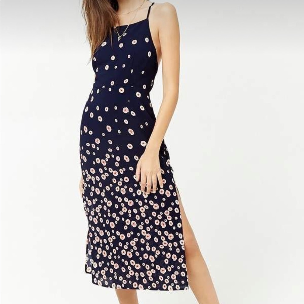 forever 21 floral crepe dress high tie neck backless sun dress navy and pink M
